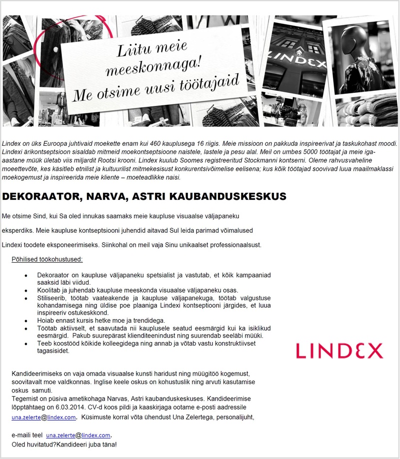 CV Keskus tööpakkumine Lindex kaupluse dekoraator (Narva, Astri keskus),  2014-02-20