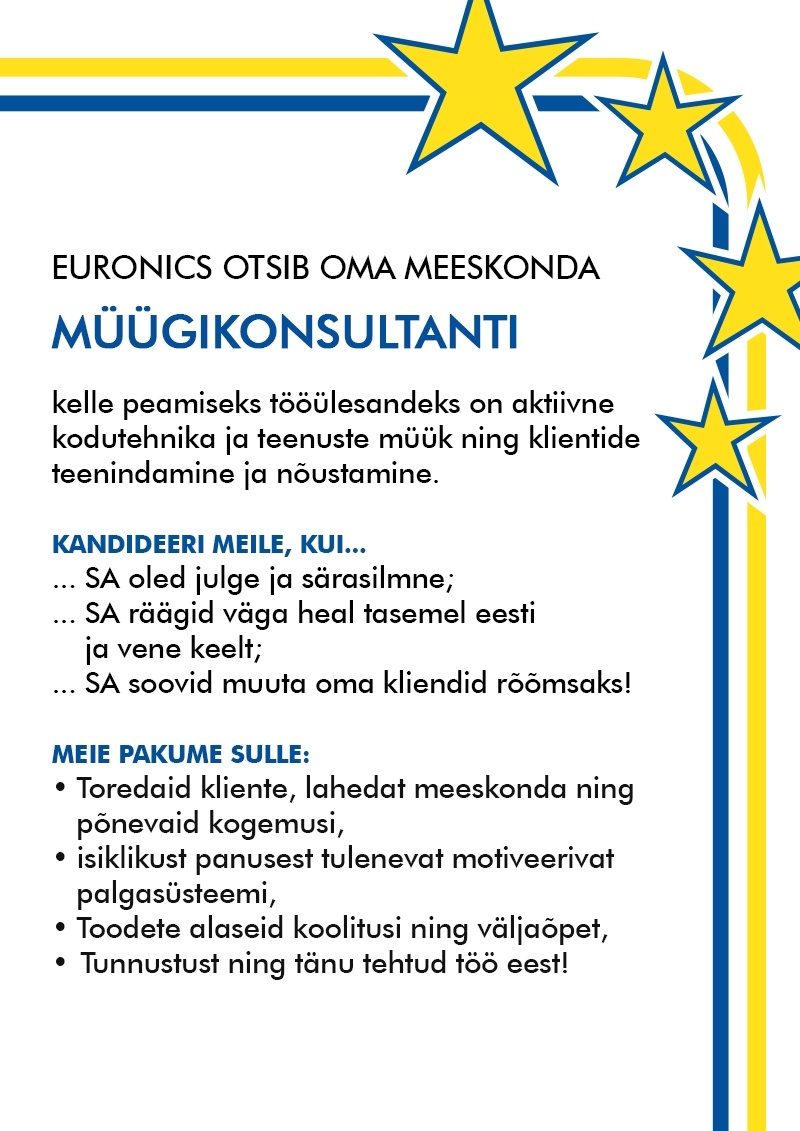 CV Keskus tööpakkumine Müügikonsultant Tartu Euronics Express esinduses,  2015-04-24