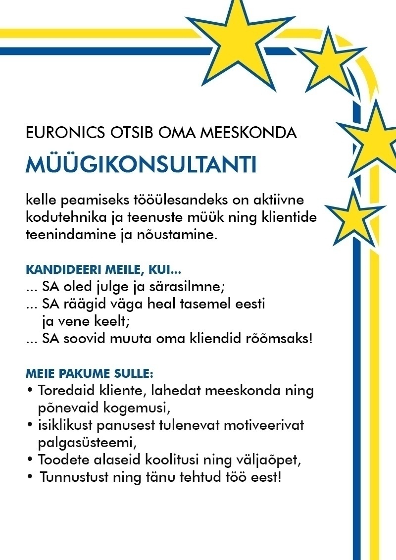 CV Keskus tööpakkumine Müügikonsultant Pärnu Euronics Express esinduses,  2015-08-28