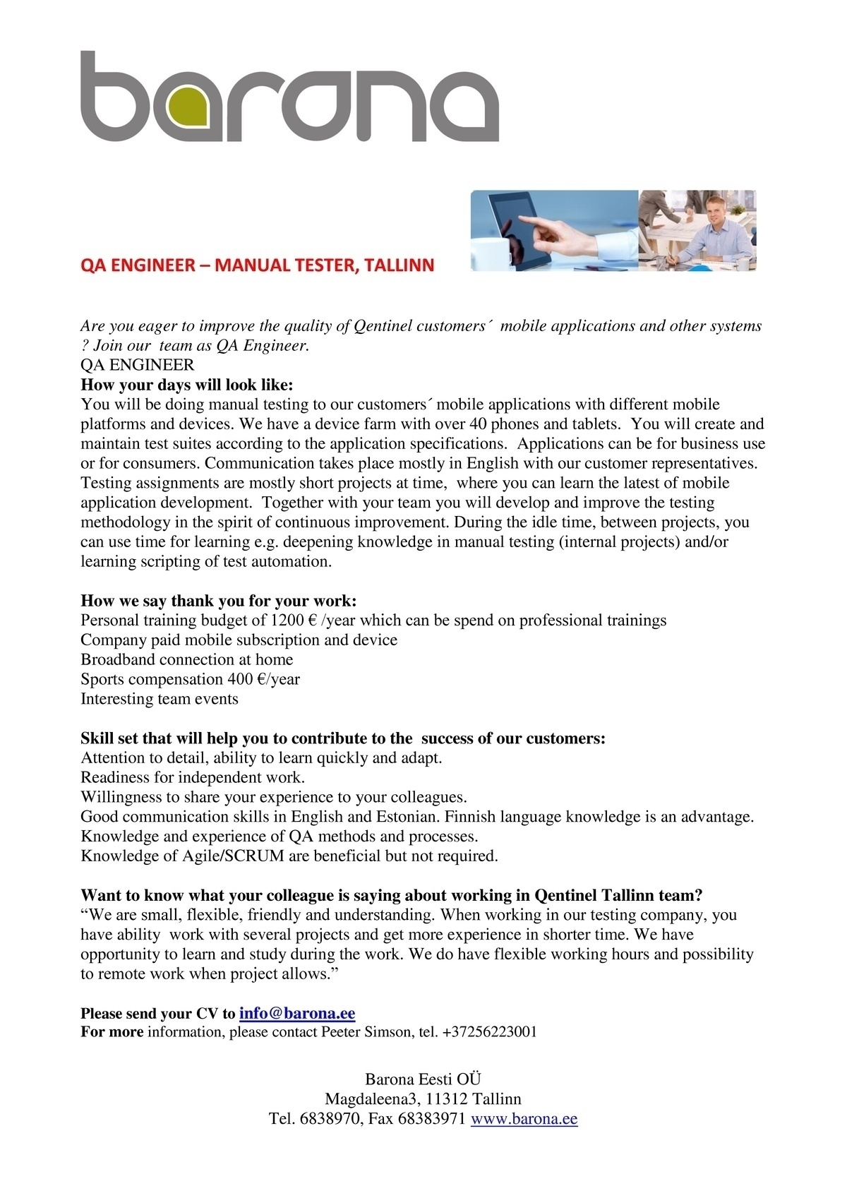 Barona Eesti OÜ QA Engineer – Manual tester, TALLINN