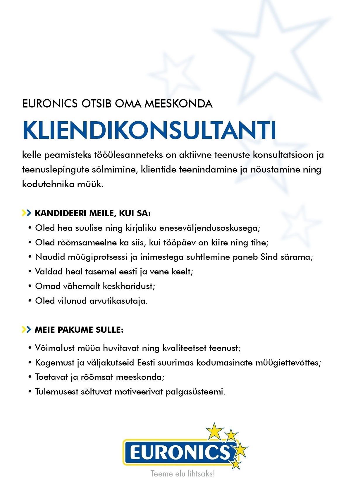 CV Keskus tööpakkumine Kliendikonsultant Pärnu Euronics Express esinduses,  2016-12-28