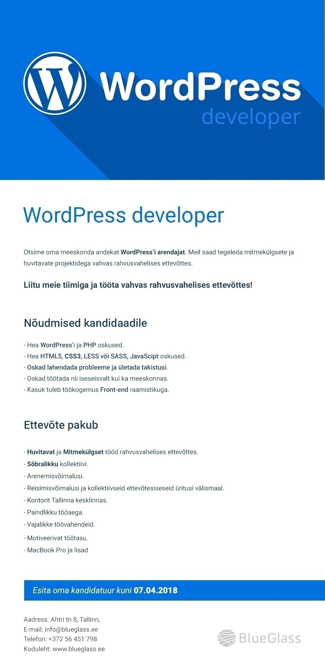 BlueGlass Interactive OÜ 	 WordPress developer / arendaja / разработчик 