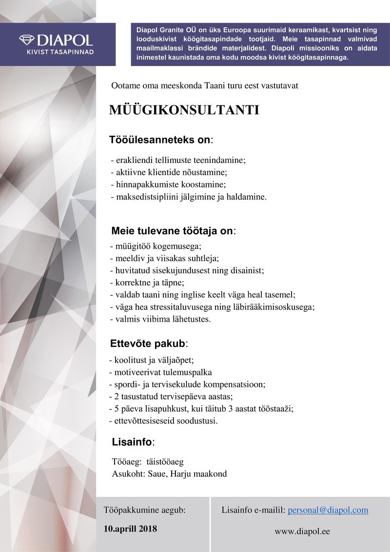 Diapol Granite OÜ Müügikonsultant (Taani)