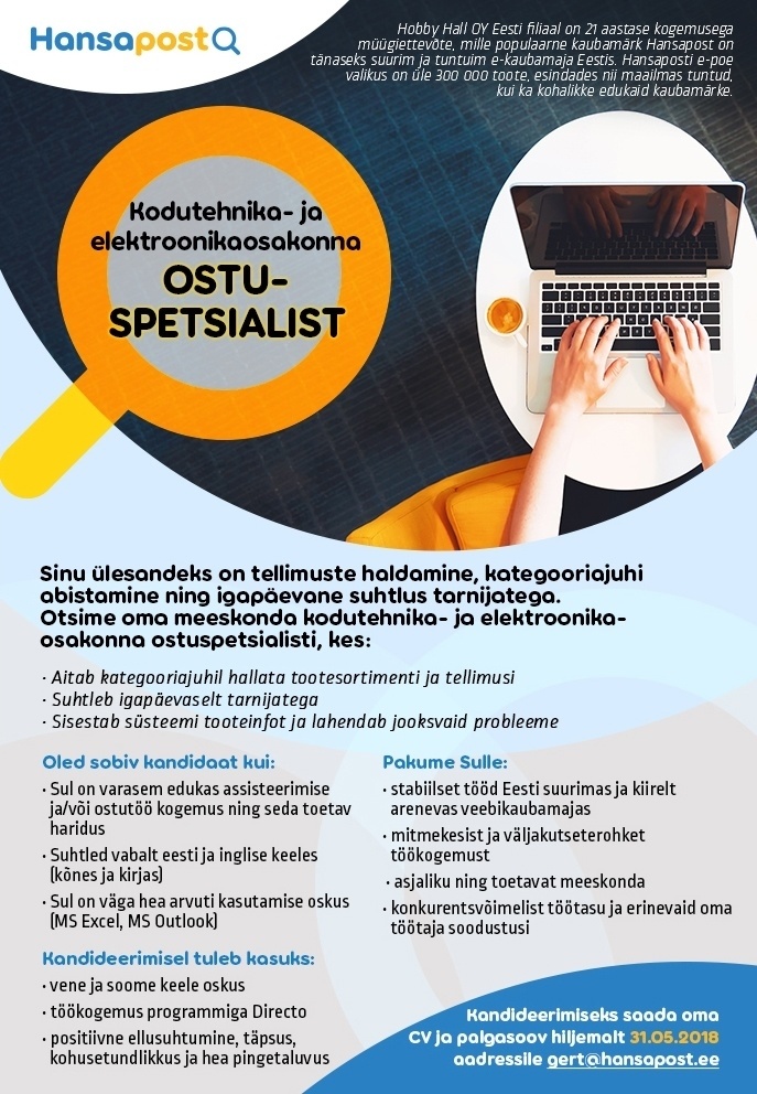 CV Keskus tööpakkumine Ostuspetsialist, 2018-04-20