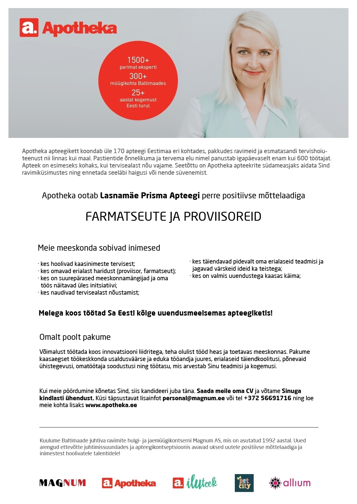CV Keskus tööpakkumine Proviisor või farmatseut Lasnamäe Prisma Apteeki,  2018-10-23