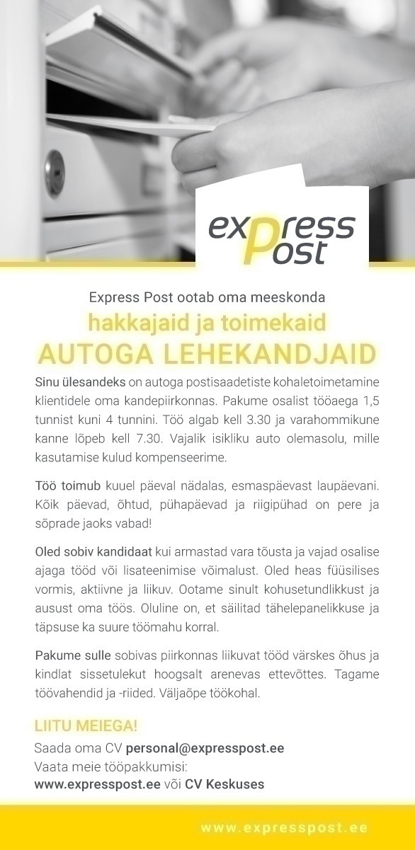 Express Post AS Lehekandja autoga Tõrvandi, Reola, Ülenurme piirkonda