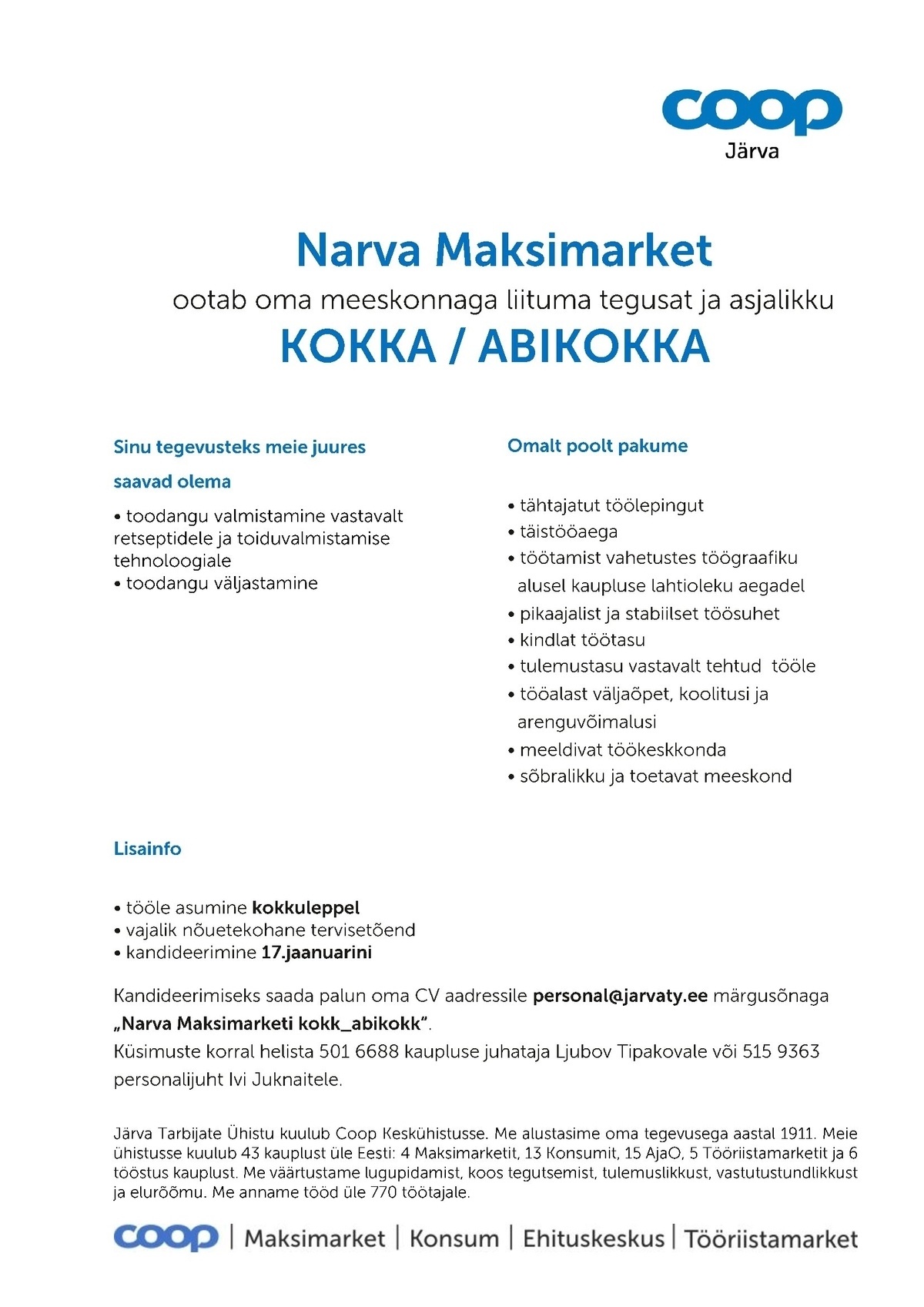 Järva Tarbijate Ühistu KOKK/ABIKOKK (Narva Maksimarket)