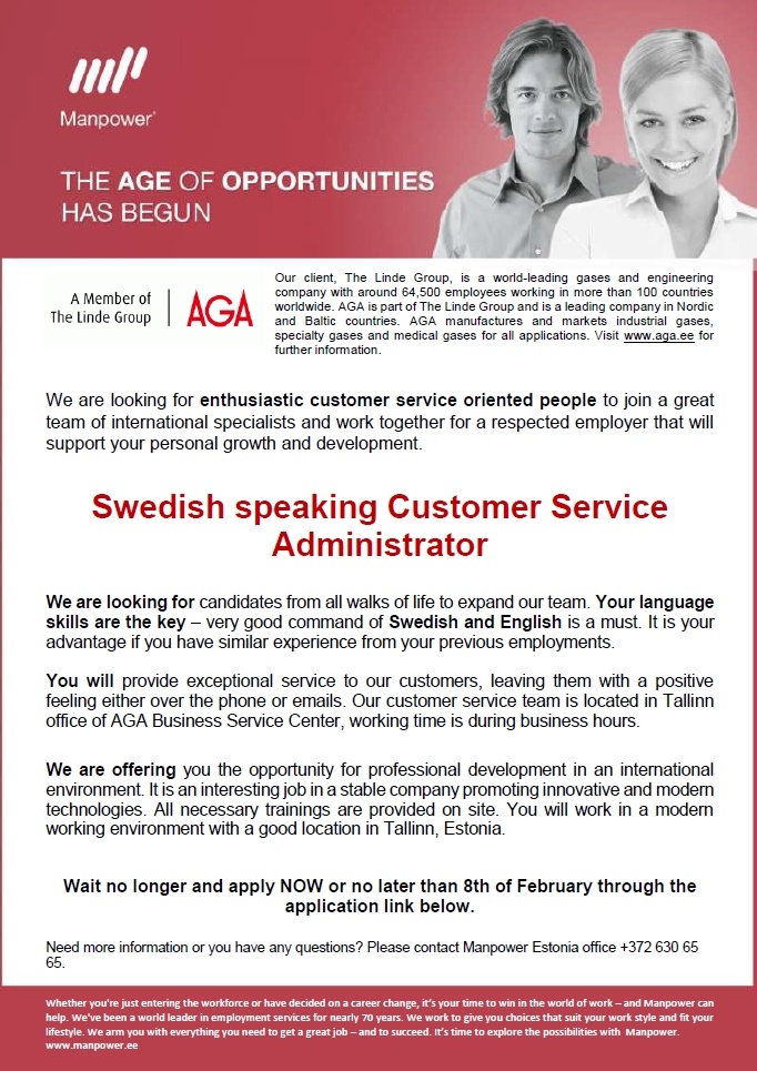 Manpower OÜ Swedish speaking Customer Service Administrator