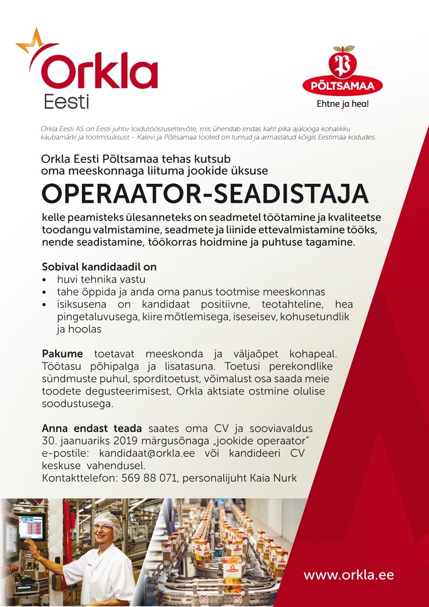 Orkla Eesti AS Operaator-seadistaja