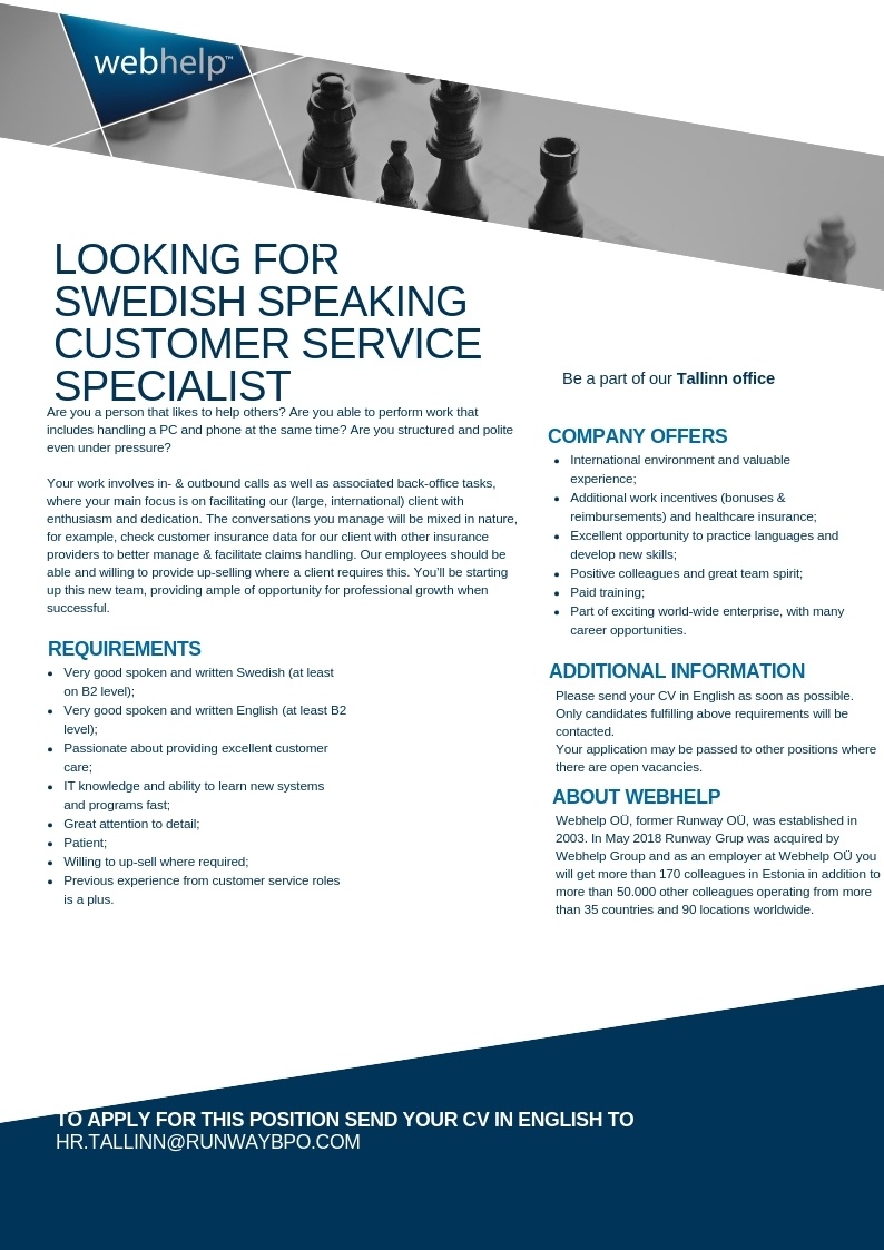 Webhelp OÜ Swedish speaking Customer Service Specialist