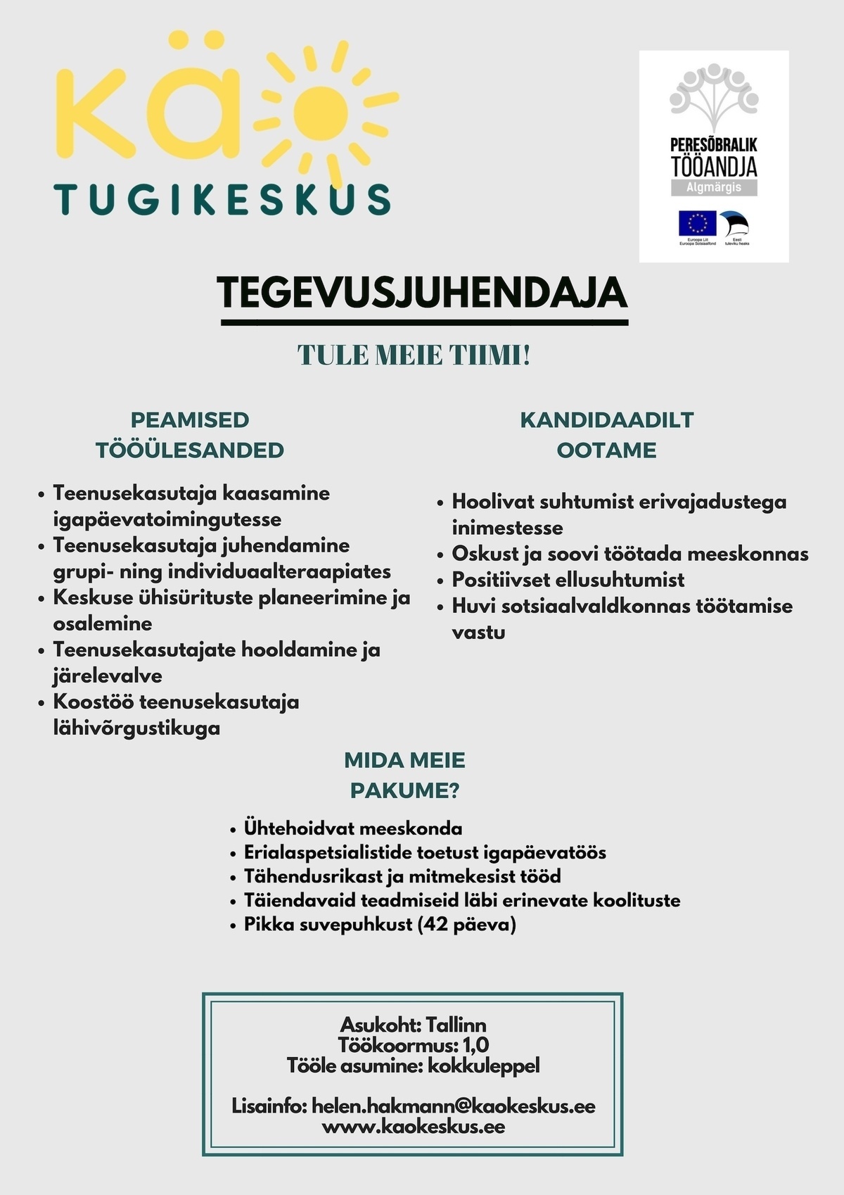 Käo Tugikeskus  Tegevusjuhendaja