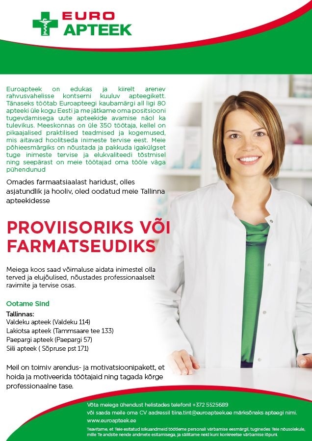 Euroapteek OÜ Proviisor või farmatseut  Tallinn