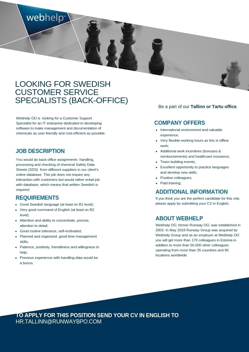 Webhelp OÜ Back-office Swedish speaking Customer Service Specialist