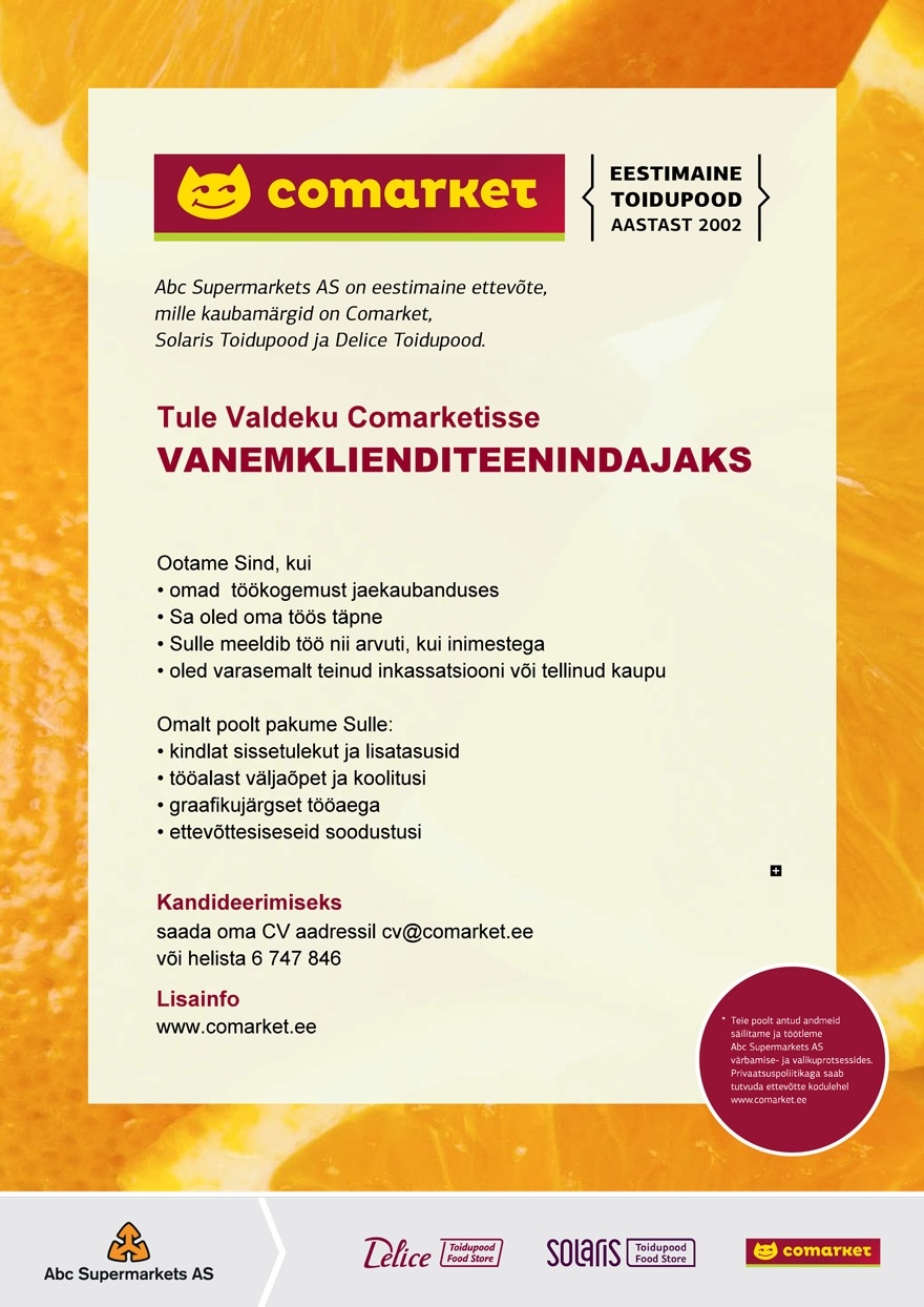 Abc Supermarkets AS VANEMKLIENDITEENINDAJA Valdeku Comarketisse