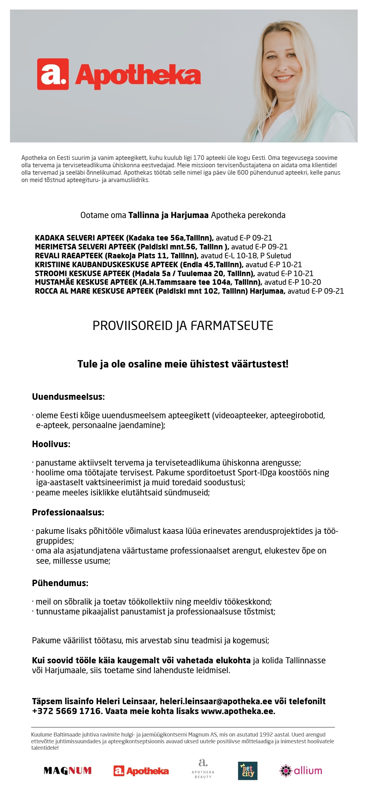 Terve Pere Apteek OÜ Proviisor või farmatseut Tallinna/Harjumaa Apotheka Apteeki