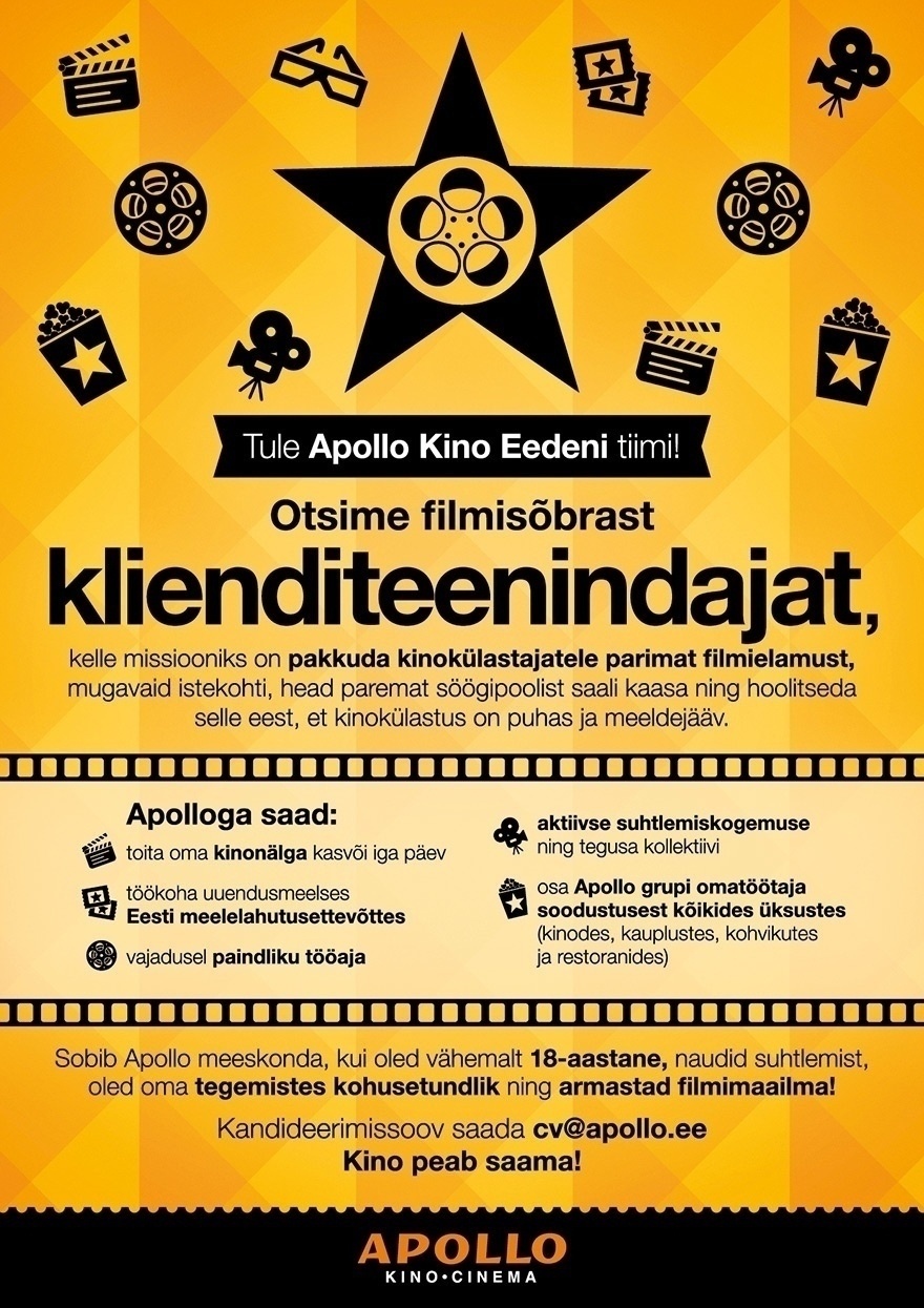 APOLLO Kino OÜ APOLLO KINO EEDEN kutsub tiimi KLIENDITEENINDAJAT