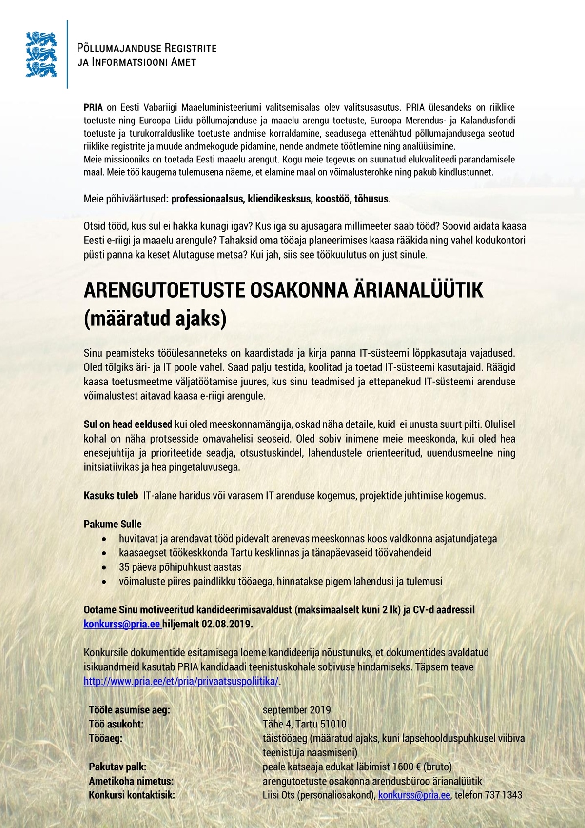 Põllumajanduse Registrite ja Informatsiooni Amet Arengutoetuste osakonna ärianalüütik (määratud ajaks)