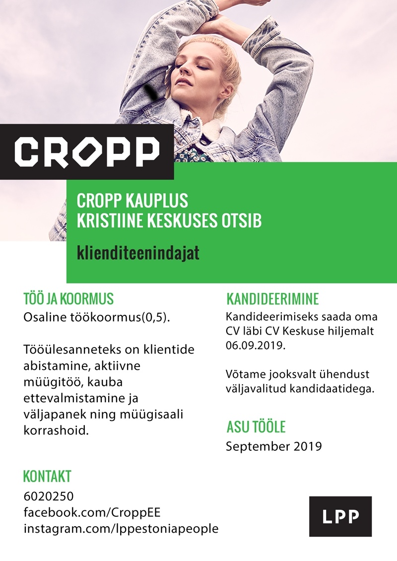 LPP Estonia OÜ Klienditeenindaja (osaline töökoormus) CROPP kauplusesse Kristiine keskuses