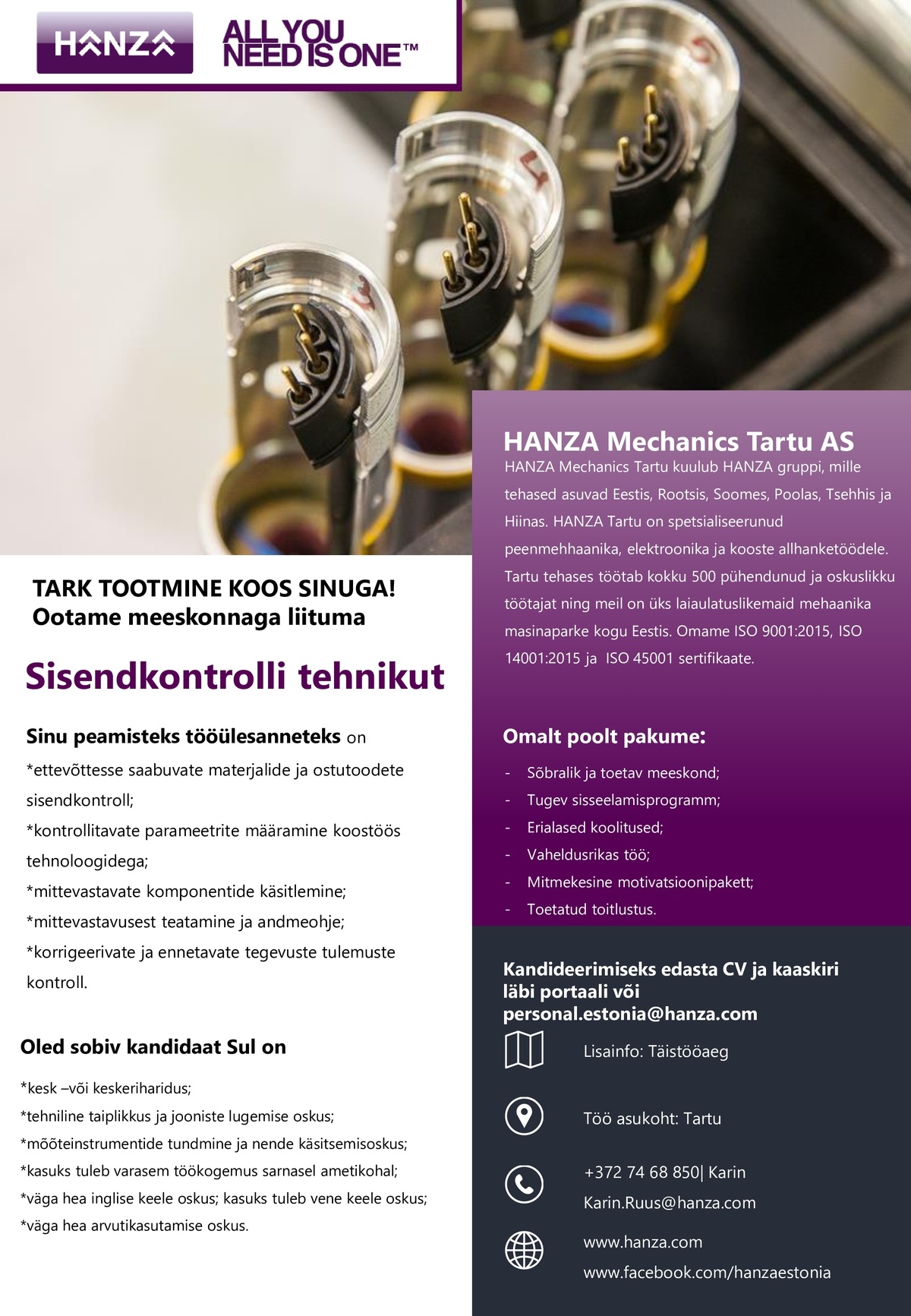 HANZA Mechanics Tartu AS Sisendkontrolli tehnik