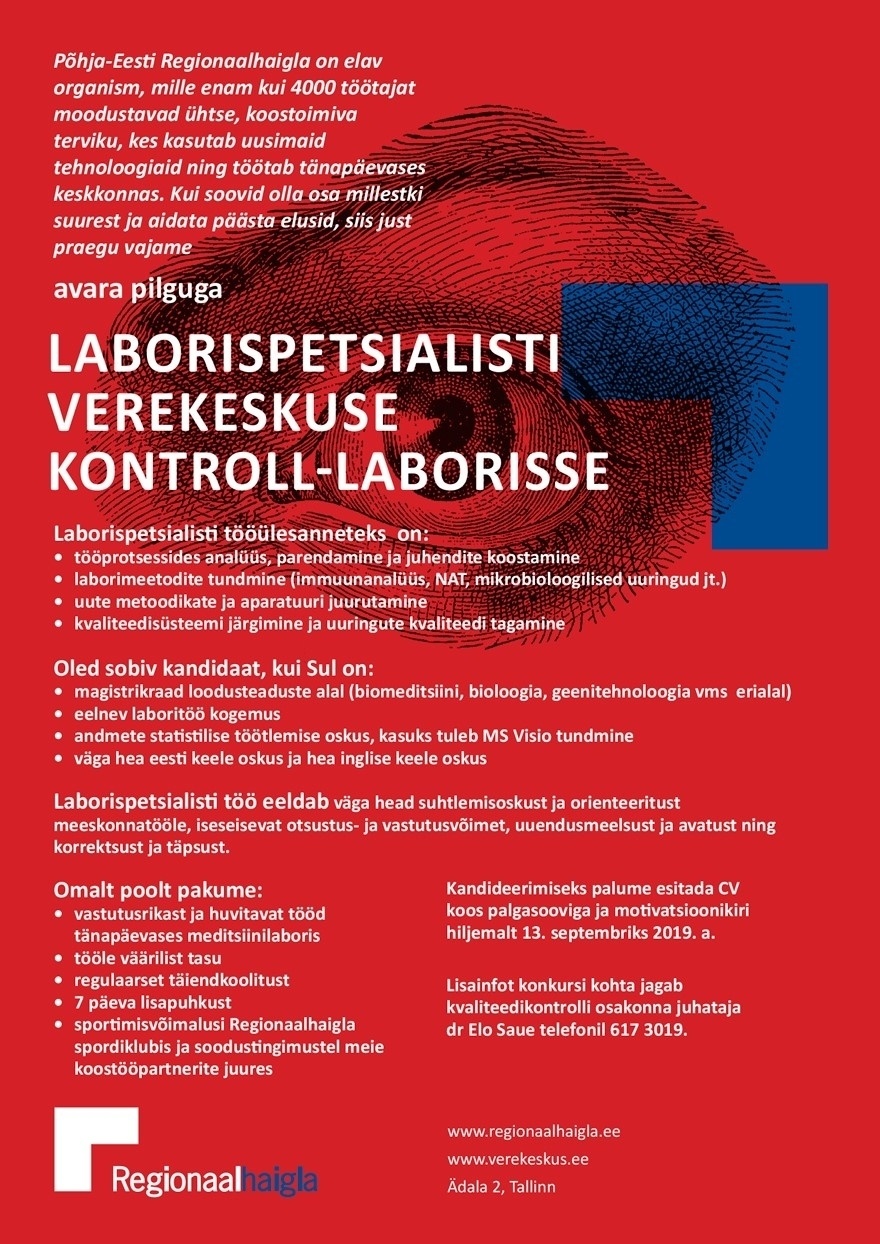 Põhja-Eesti Regionaalhaigla SA Laborispetsialisti verekeskuse kontroll-laborisse