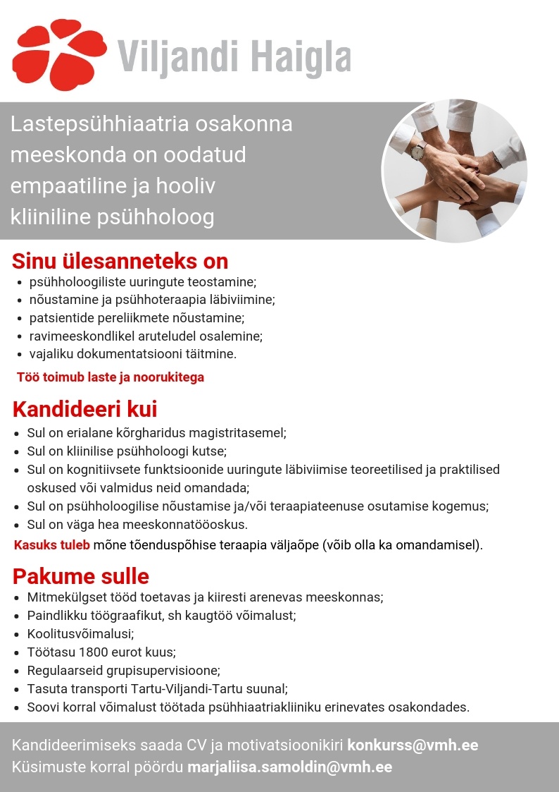 Viljandi Haigla SA Kliiniline psühholoog (laste ja noorte)
