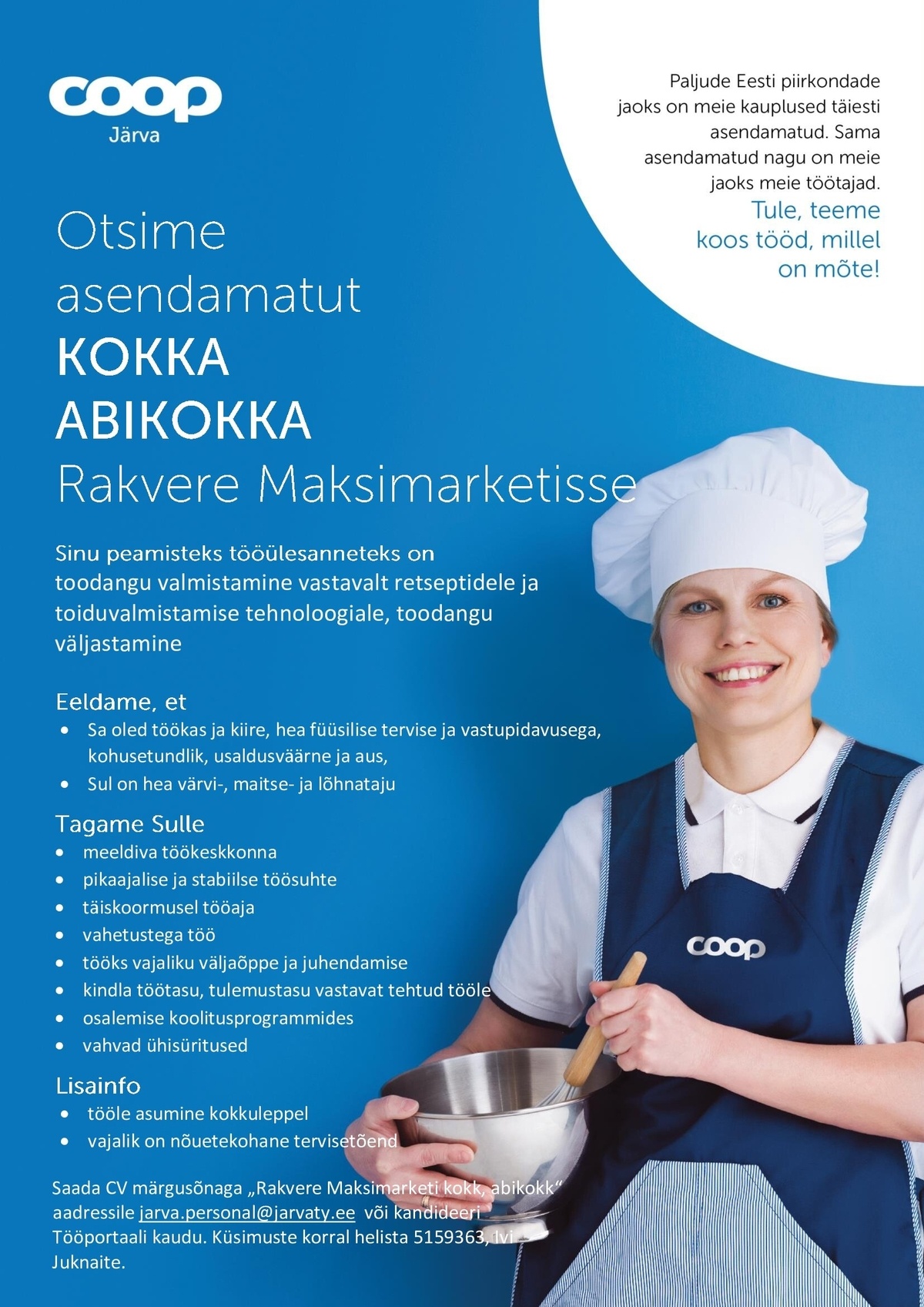 Järva Tarbijate Ühistu KOKK/ABIKOKK Rakvere Maksimarketisse (Coop Järva)