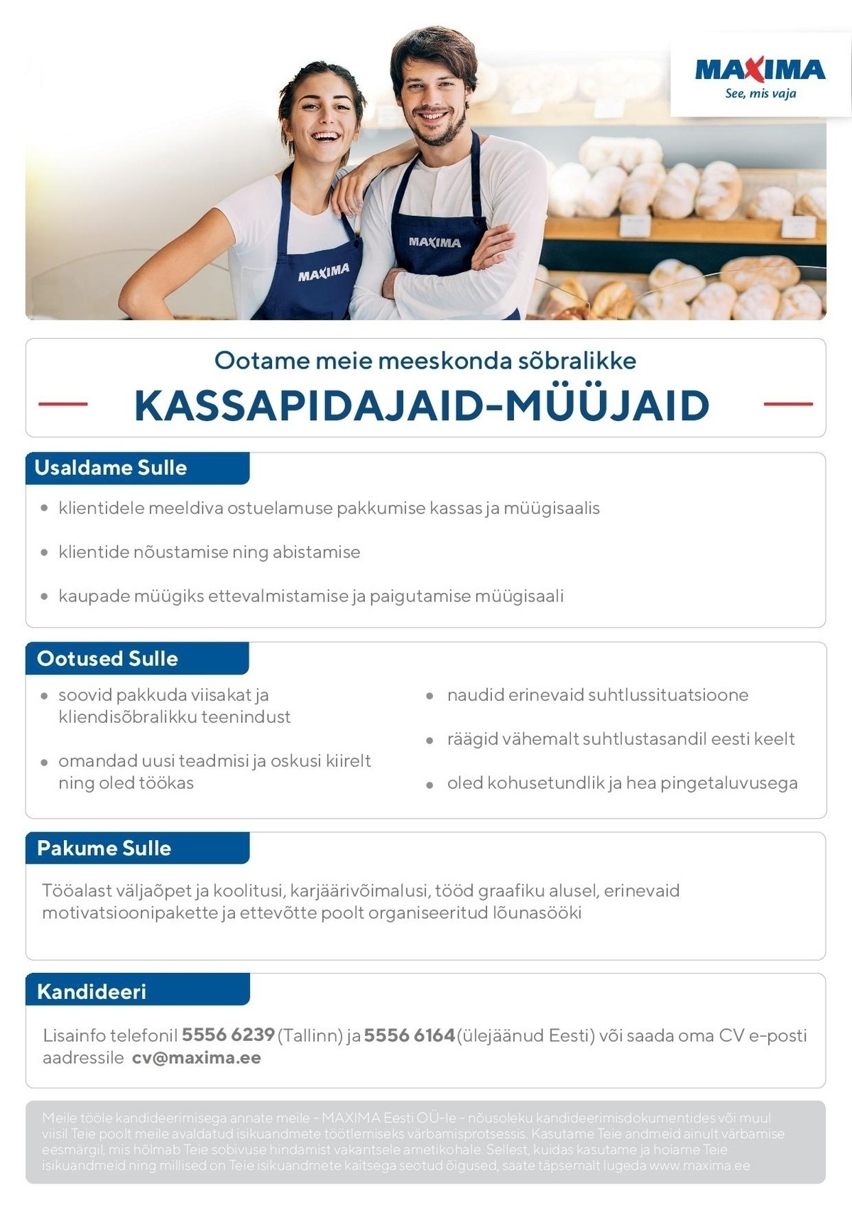 Maxima Eesti OÜ Kassapidaja-müüja Tartu Maximas (Tõrva)