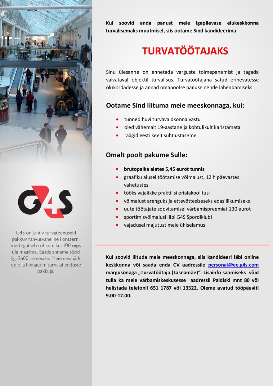 AS G4S Eesti Turvatöötaja Lasnamäe piirkonnas, brutopalk alates 5,45 €/h