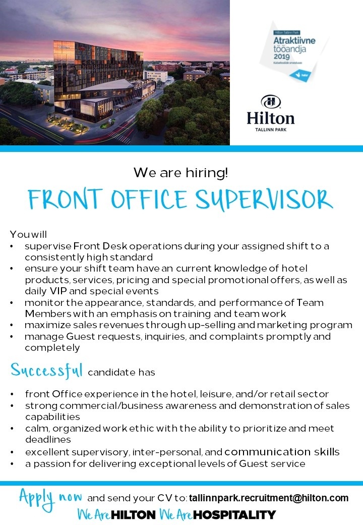 Cv Keskus Toopakkumine Hilton Tallinn Park Front Office Supervisor