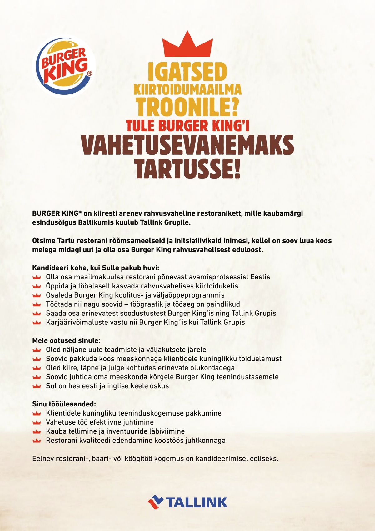 CV Keskus tööpakkumine Burger King restorani vahetusevanem (Tartu