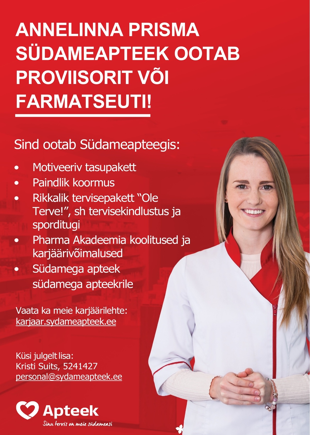 CV Keskus tööpakkumine Tartu Annelinna Prisma Südameapteek ootab tööle  proviisorit või farmatseuti!, 2021-06-07