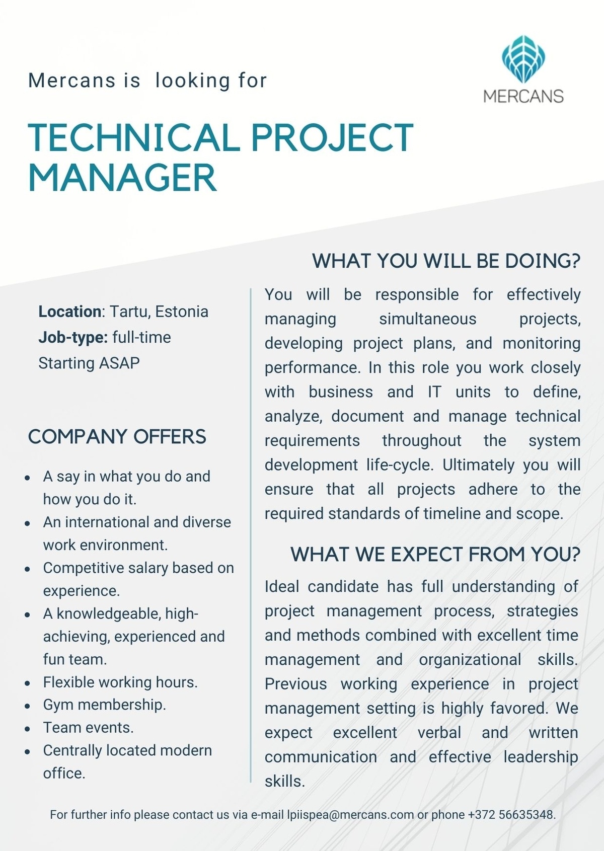 Mercans OÜ Technical Project Manager