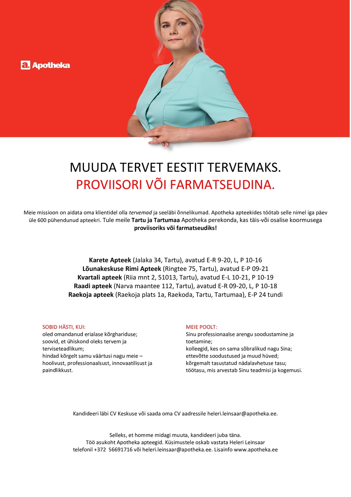 Apotheka Proviisor või farmatseut Apotheka Tartu apteeki