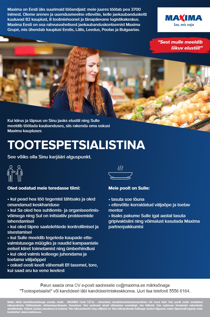 Maxima Eesti OÜ Tootespetsialist Valga Maximas (Jaama pst 2b)
