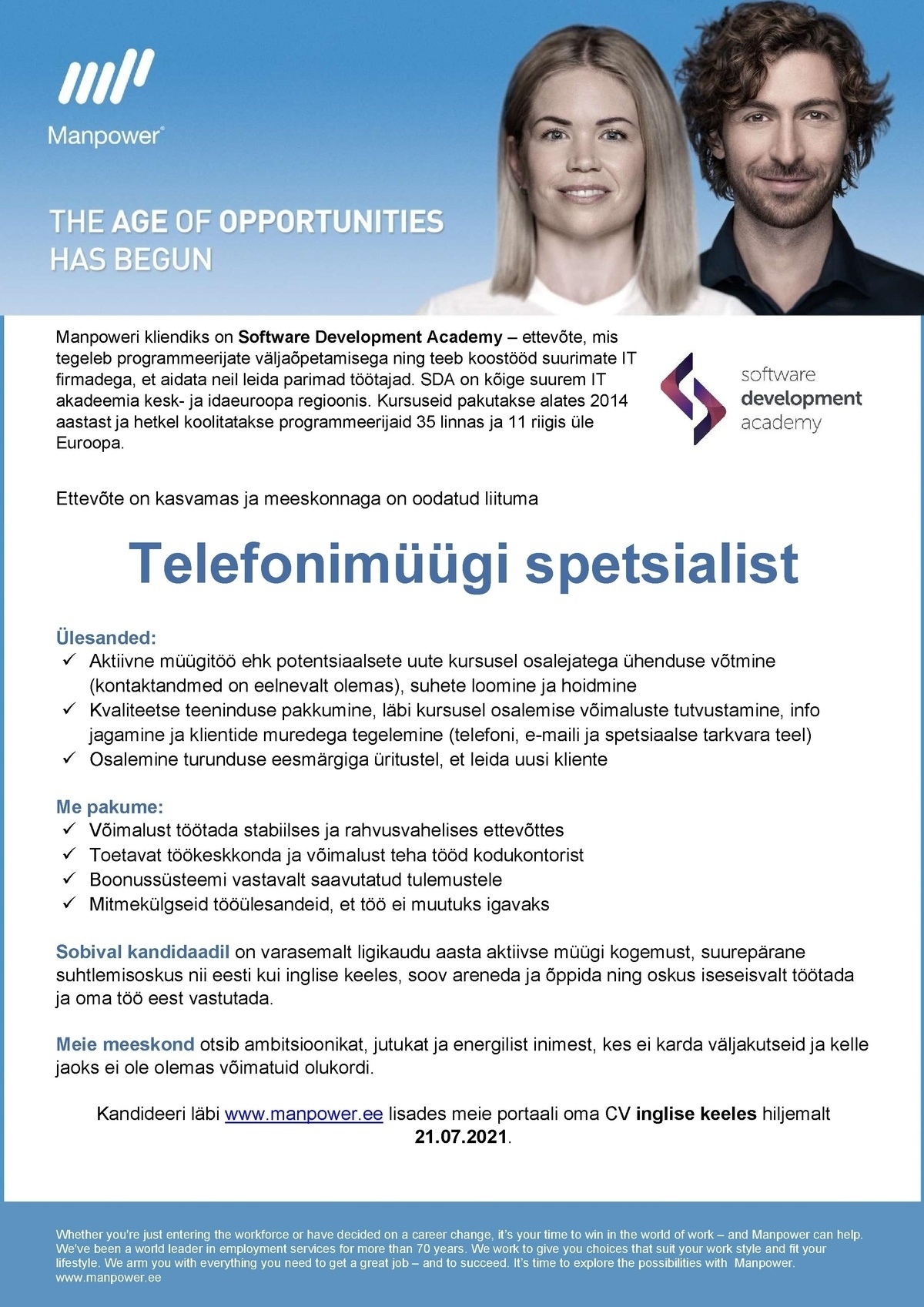 Manpower OÜ Telefonimüügi spetsialist