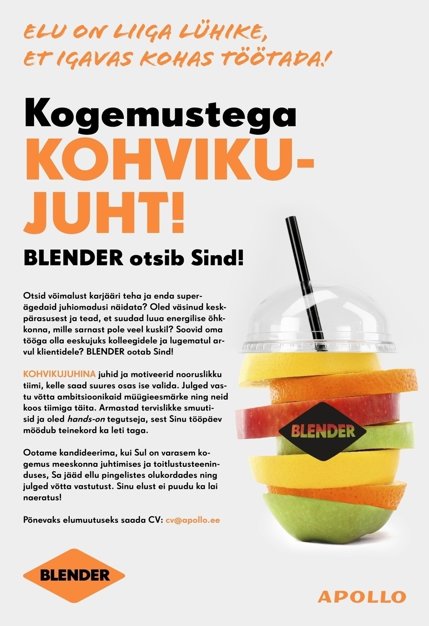 Apollo Kohvikud OÜ BLENDER otsib Sind, kogemustega KOHVIKUJUHT!