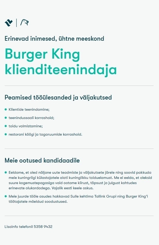 Tallink Grupp AS Burger King klienditeenindaja Ülemiste keskuses