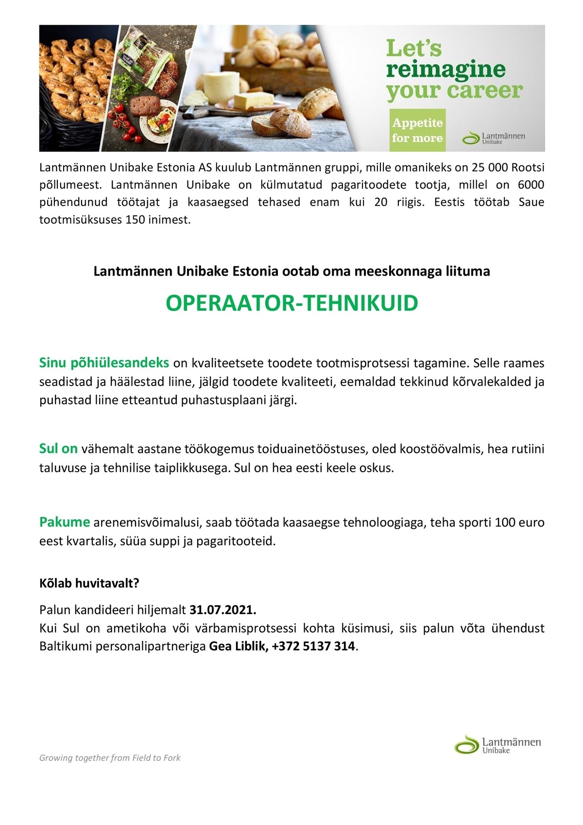 Lantmännen Unibake OPERAATOR-TEHNIKUID