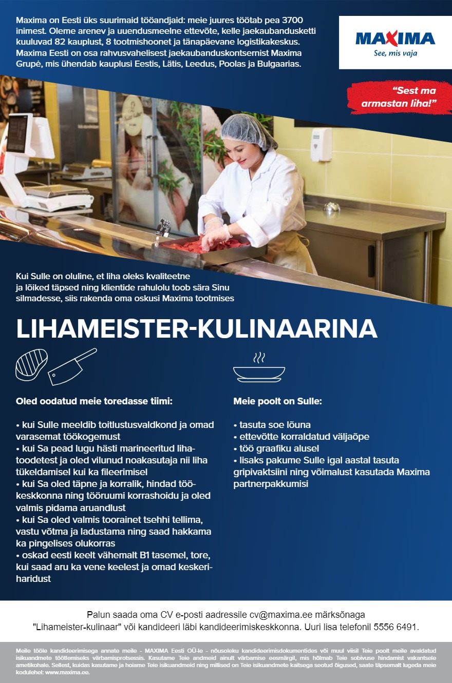 Maxima Eesti OÜ Lihameister - kulinaar Tallinn (Madala 5a/Tuulemaa 20)