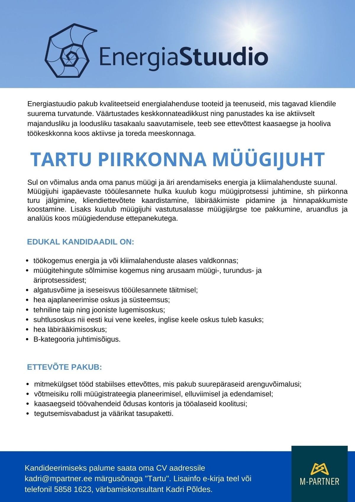 M-Partner HR OÜ Tartu piirkonna müügijuht