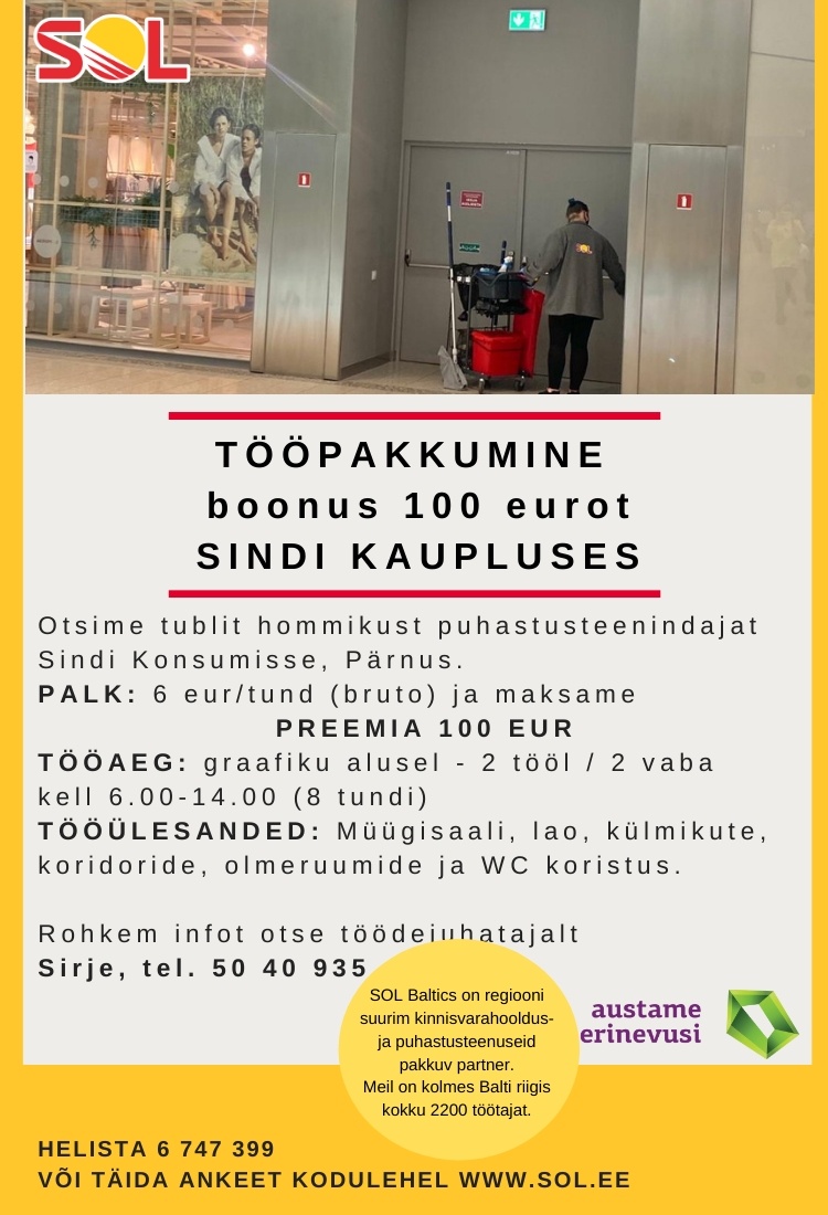 SOL Baltics OÜ Sindi kaupluse puhastusteenindaja + 100 eurot boonus