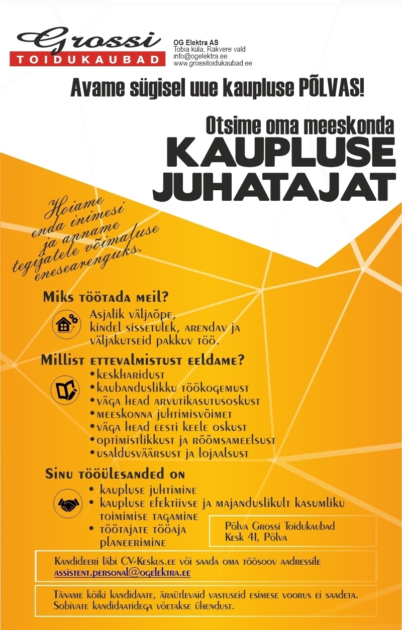 OG Elektra AS Kaupluse juhataja (UUS kauplus Põlvas)