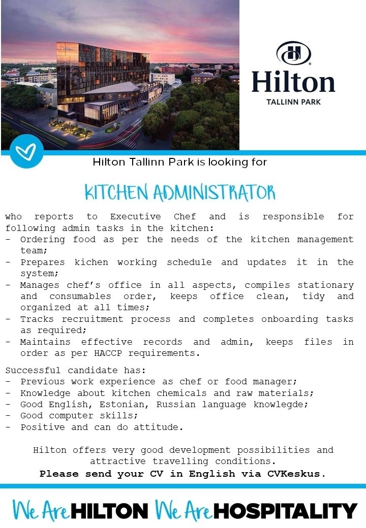 Hilton Tallinn Park KITCHEN ADMINISTRATOR