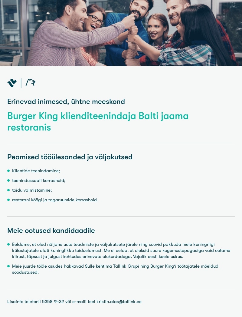 Tallink Grupp AS Burger King klienditeenindaja Balti Jaamas