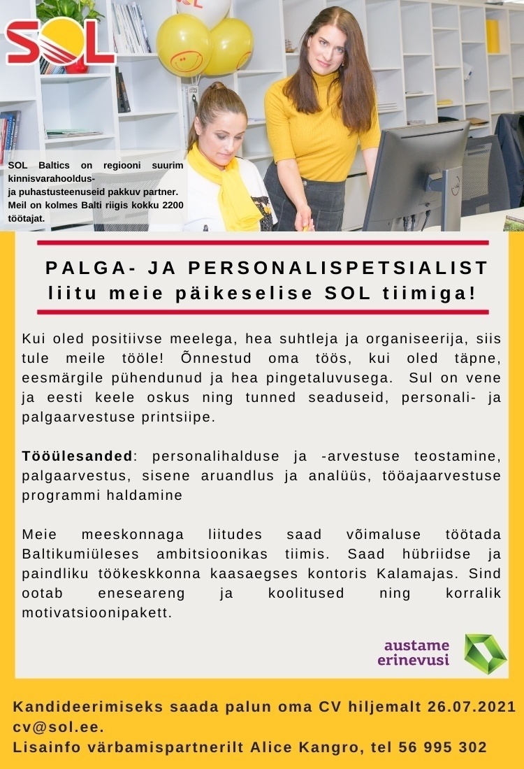 SOL Baltics OÜ PALGA- JA PERSONALISPETSIALIST liitu meie päikeselise SOL tiimiga!