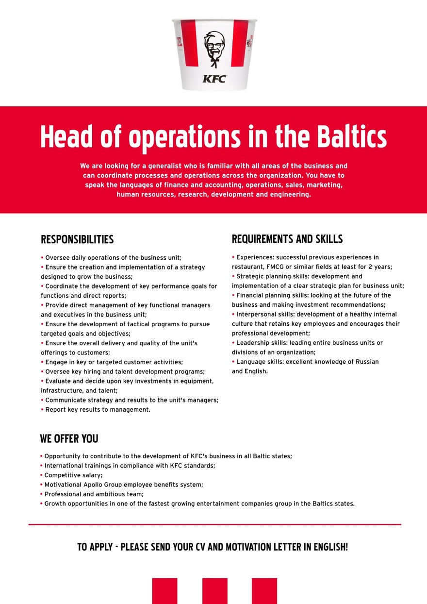 APL Fresh Food OÜ Head of operations in the Baltics