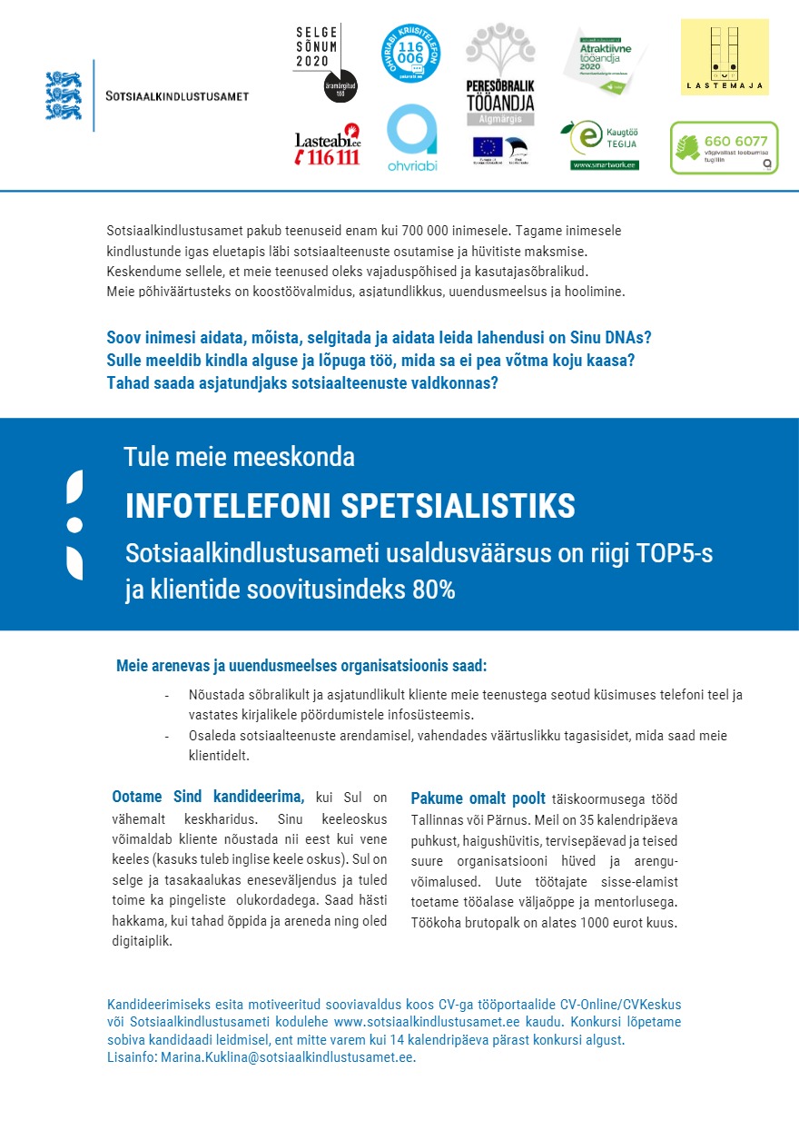 Sotsiaalkindlustusamet Infotelefoni spetsialist (Tallinn)