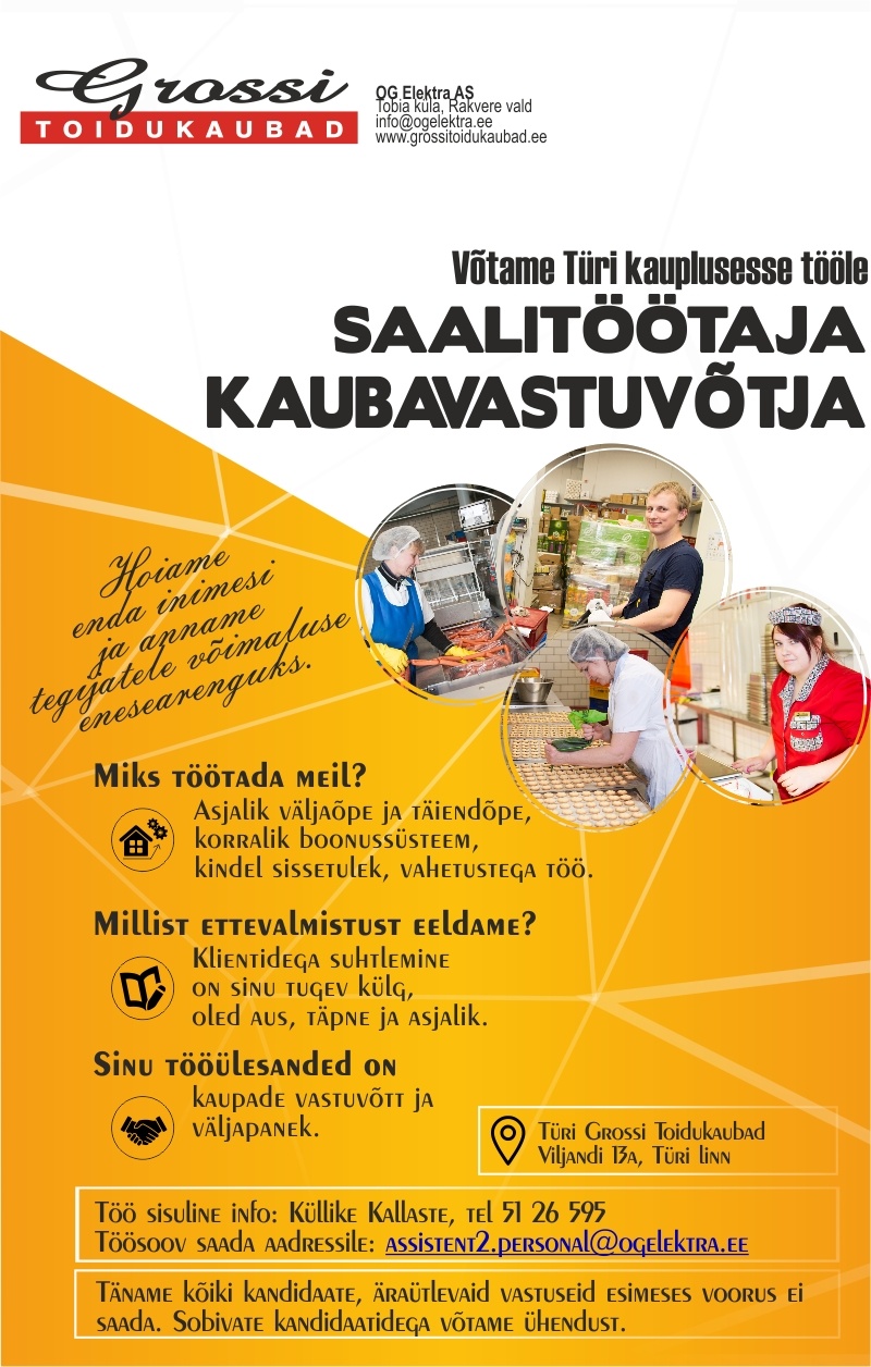 OG Elektra AS Kaubavastuvõtja ja saalitöötaja (Türi)