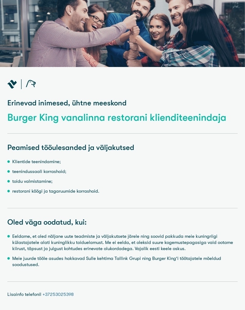 Tallink Grupp AS Burger King klienditeenindaja vanalinna restoranis