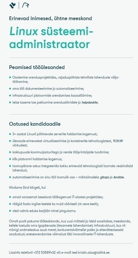 Tallink Grupp AS Linux süsteemiadministraator